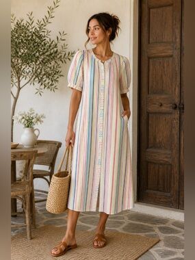 Addison Bay Rainbow Stripe Midi Shirt Dress XXL NWT